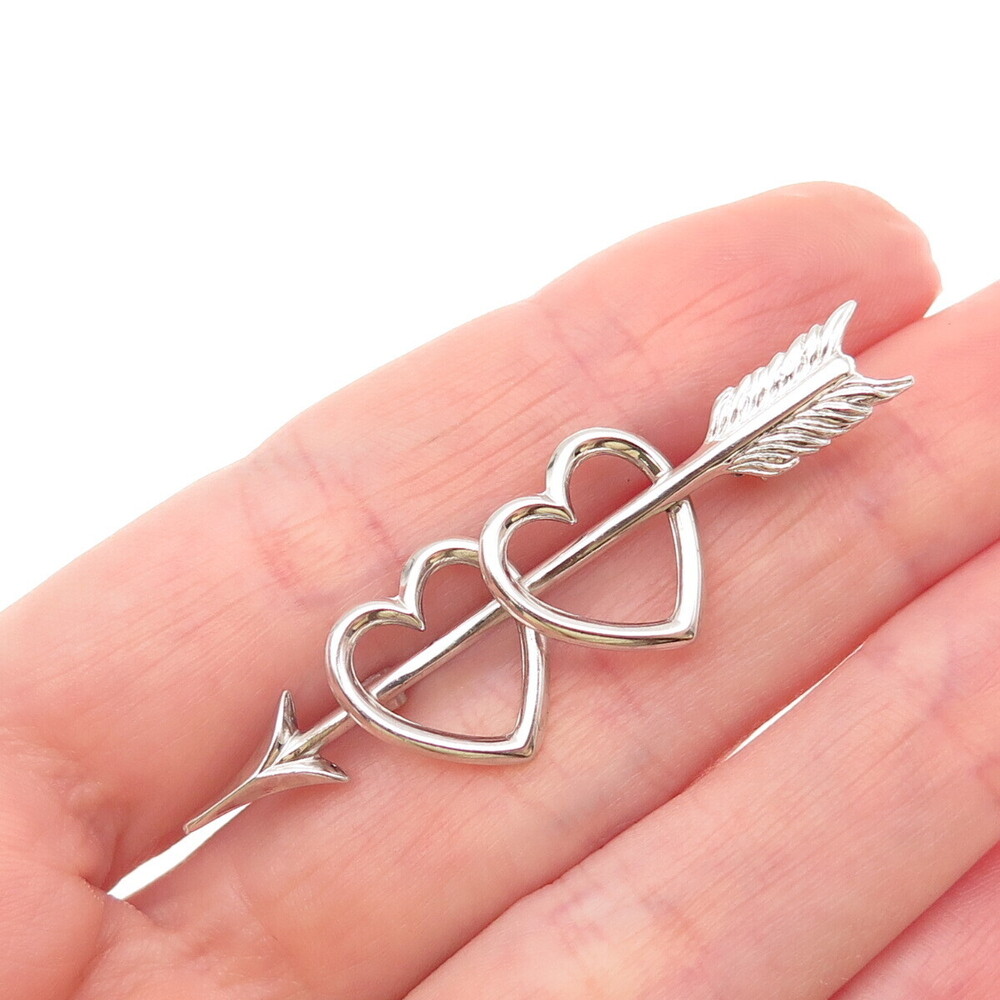 BEAU 925 Sterling Silver Antique Art Deco Couple Heart Arrow Pin Brooch